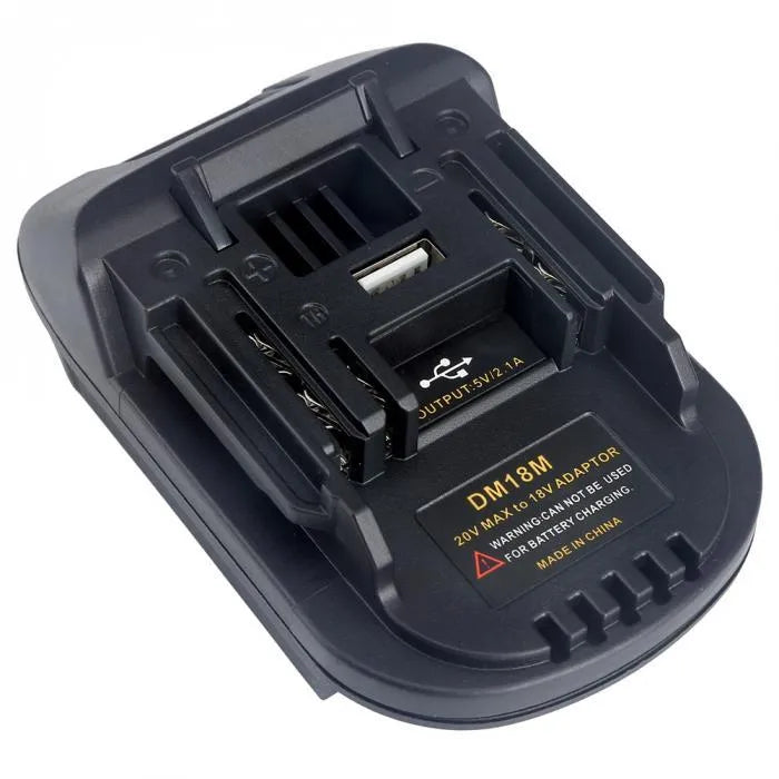 Black battery adapter for converting Milwaukee DM18M tools to use Makita H99F batteries