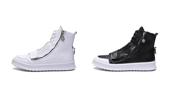 Men's black and white PU leather winter ankle boots with high-top sneaker styling showing size range 38-43