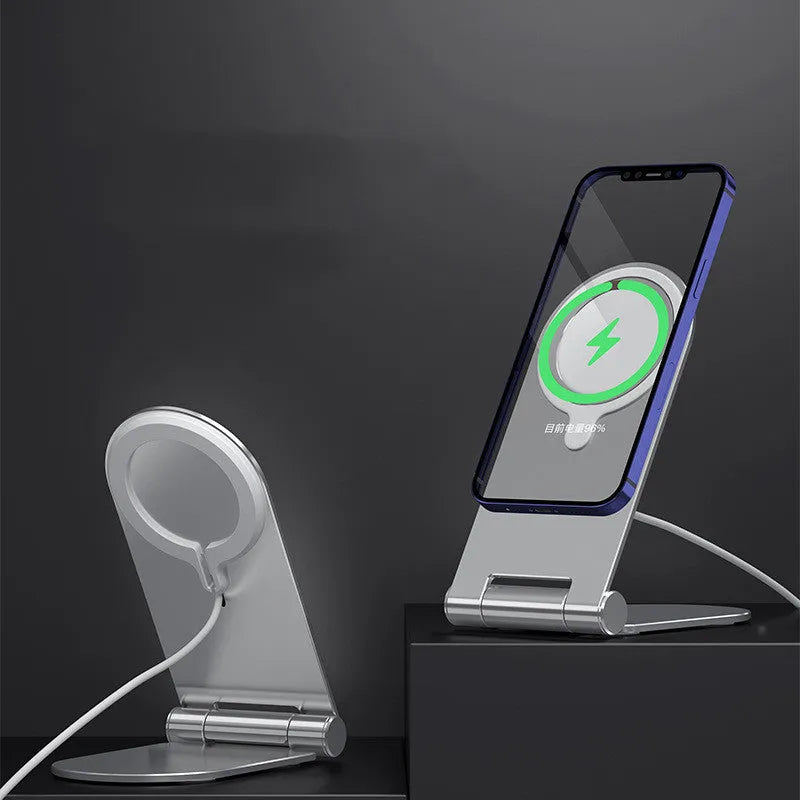 Silver vertical adjustable magnetic phone bracket for iPhone 12 on a desktop