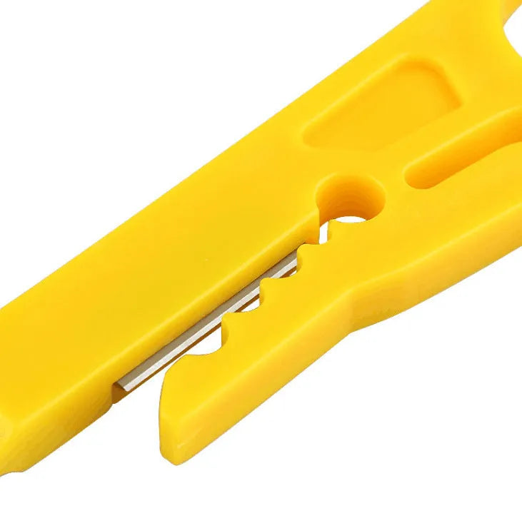 Yellow portable wire stripper tool showing 0.6mm stripping jaws and rubber plastic body.