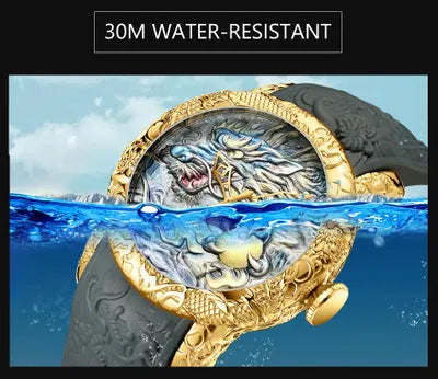 Dragon pattern mechanical watch with black rubber band, 50mm case, and gold or black colour options