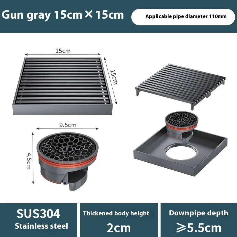 304 stainless steel courtyard deodorant floor drain with gun grey ABS plastic core, 15x15 cm square frame