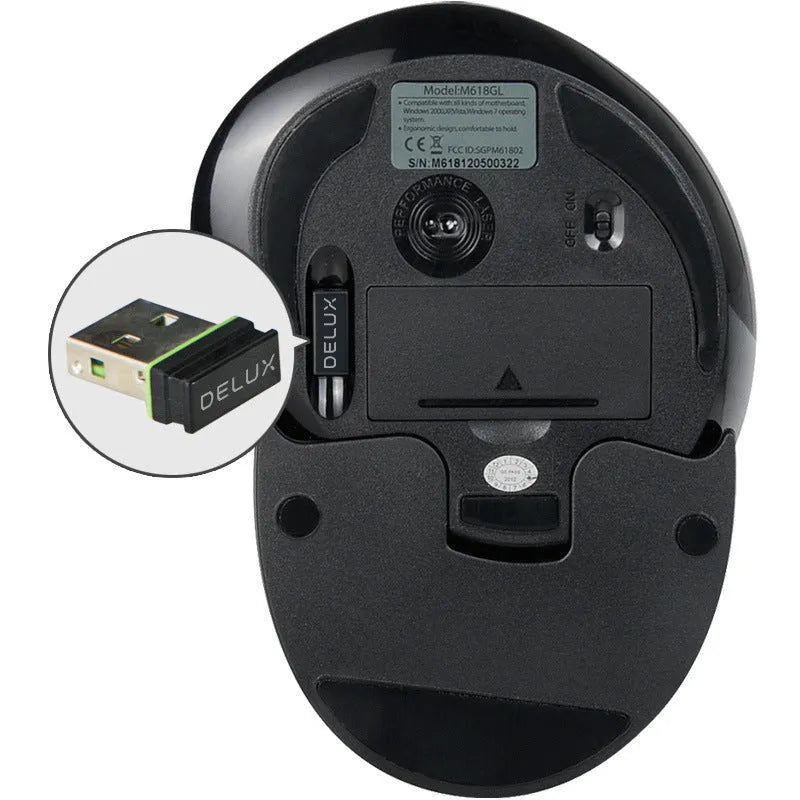 Black and white M 618 wireless vertical ergonomic mouse shown from the side.