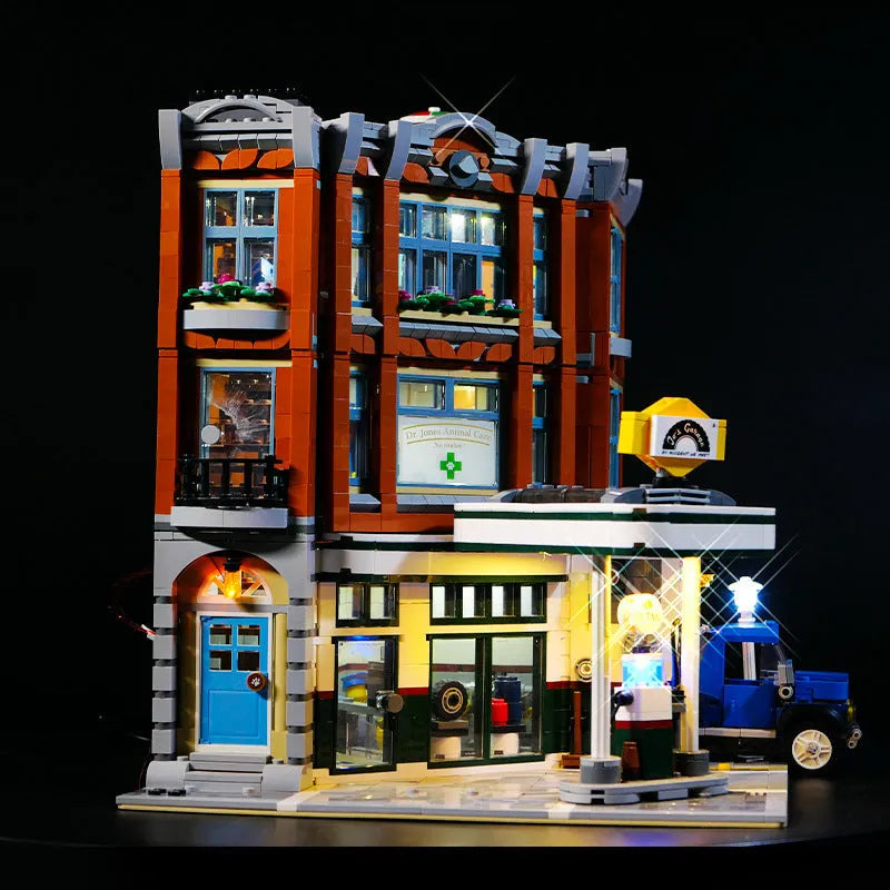 MOC plastic LED lighting accessories kit showing corner repair shop lighting groups for construction toys
