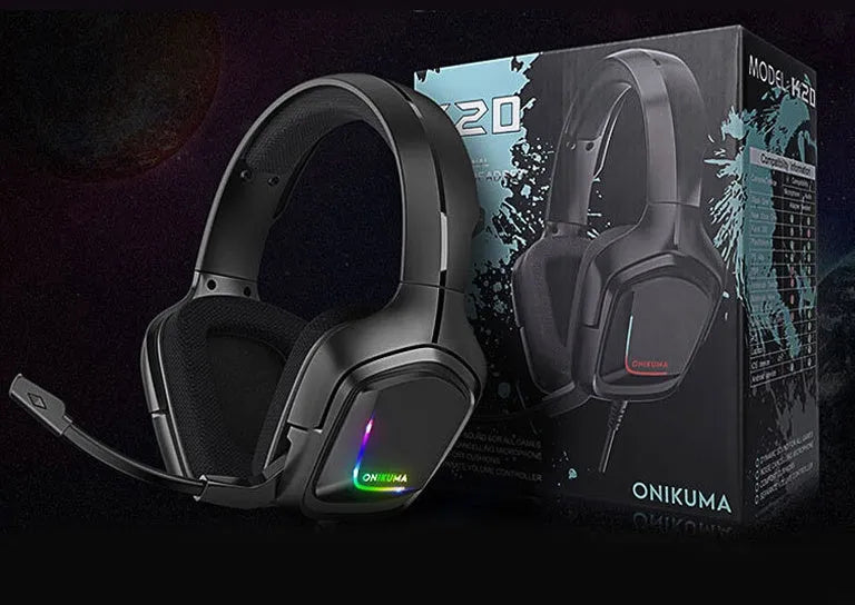 RGB luminous wired gaming headset with braided cable and cloth earmuffs in black colour