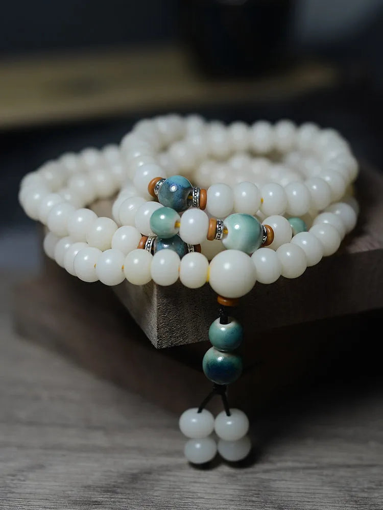 White jade and bodhi root seed bracelet with 108 beads in two sizes