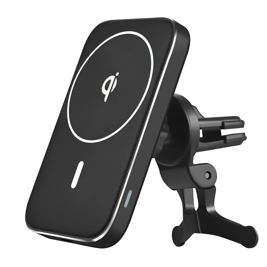 Black M6 magnetic wireless car charger bracket mounted in vehicle with phone attached