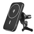 Black M6 magnetic wireless car charger bracket mounted in vehicle with phone attached