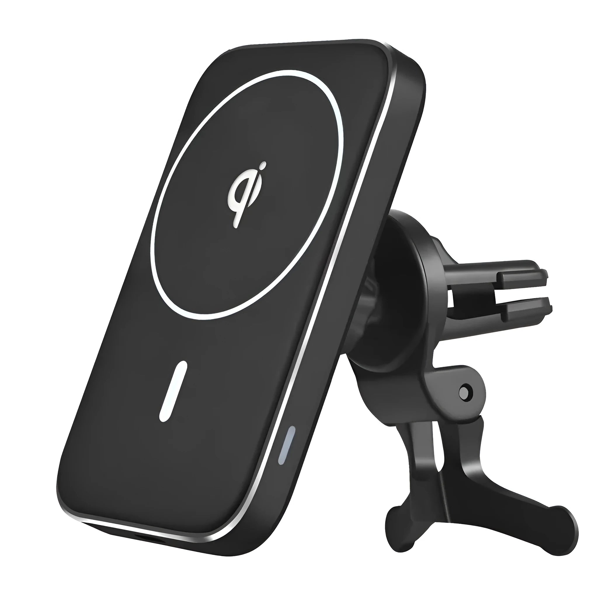 Black M6 magnetic wireless car charger bracket mounted in vehicle with phone attached