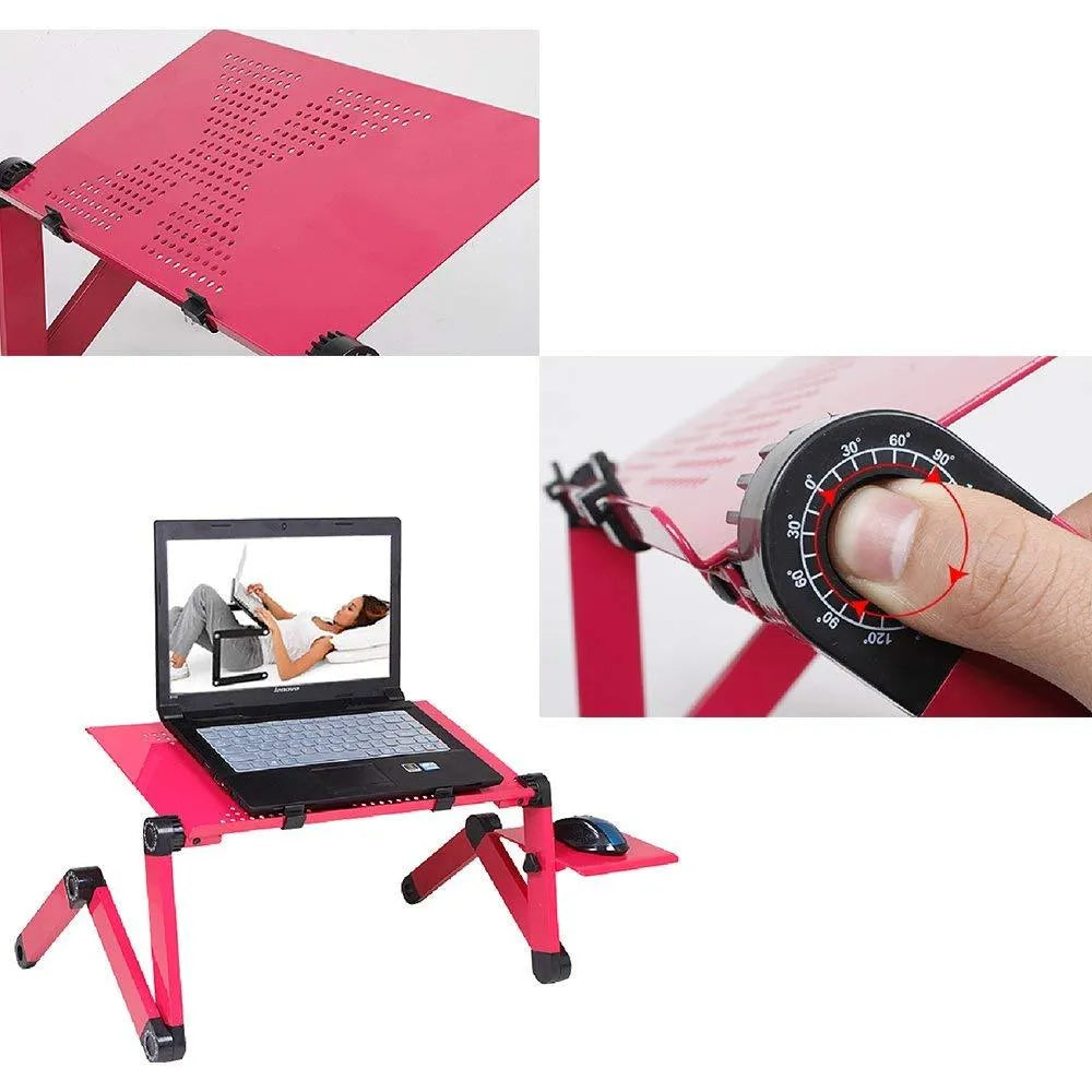 Adjustable laptop table stand in black with mouse panel and built-in USB fan, folding aluminium-magnesium alloy frame, 42 x 26 x 45-49 cm