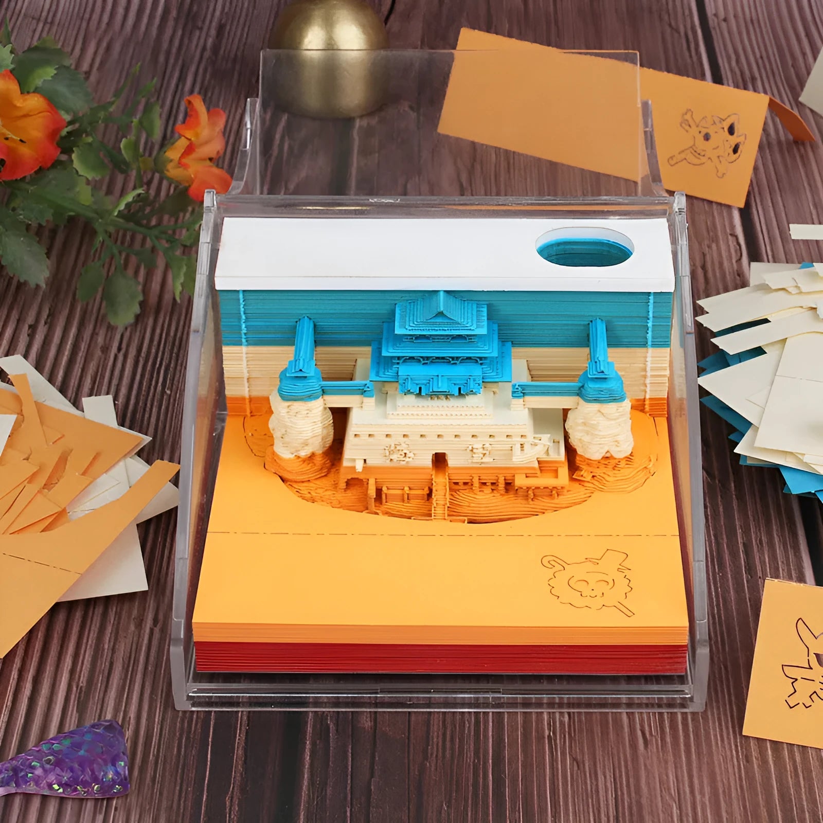 One Piece anime architecture sticky notes showing 80x45mm craft paper notepad with cartoon building designs