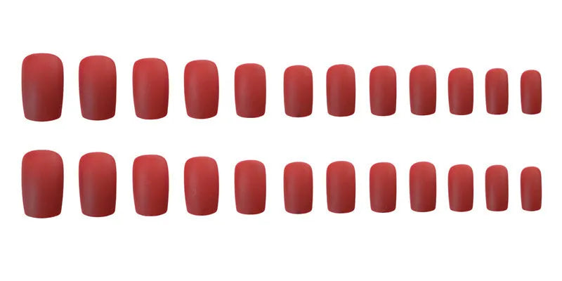 24-piece matte red medium length false nail set with glue-on application, approximately 27g net content