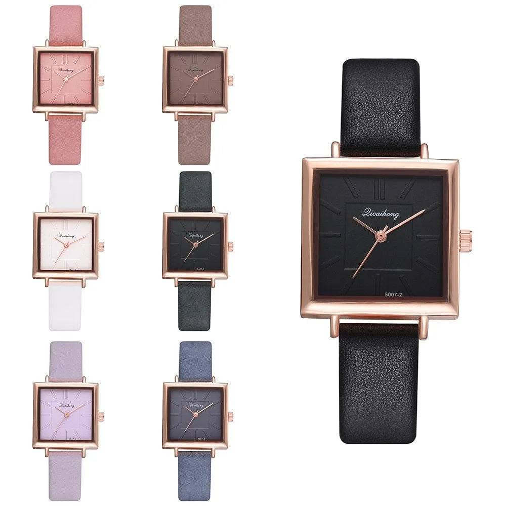 Square women's bracelet watch with leather strap, quartz movement, 2.8cm dial, available in seven colours