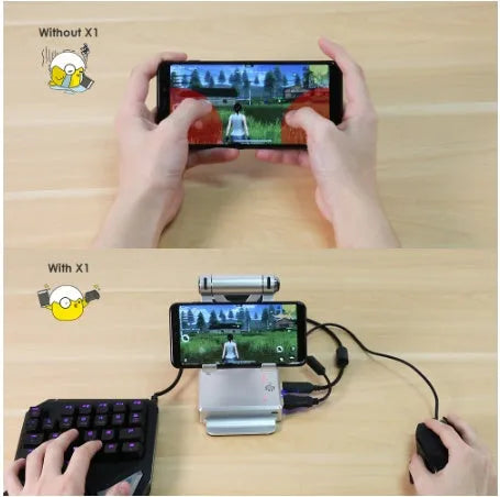 Gamesir-X1 Eat Chicken Throne Bluetooth mobile gaming controller adapter in gold or silver on a desk.