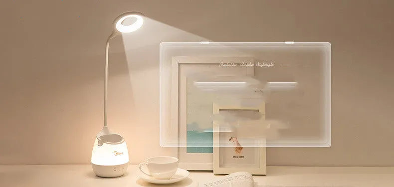 Green USB rechargeable touch control LED table lamp on a wooden desk