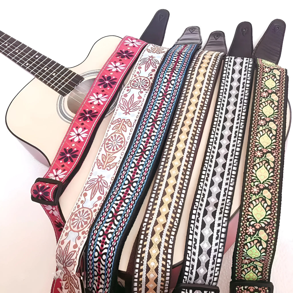 Adjustable embroidered guitar strap with thick webbing, 5cm width, 135-150cm length, six style options