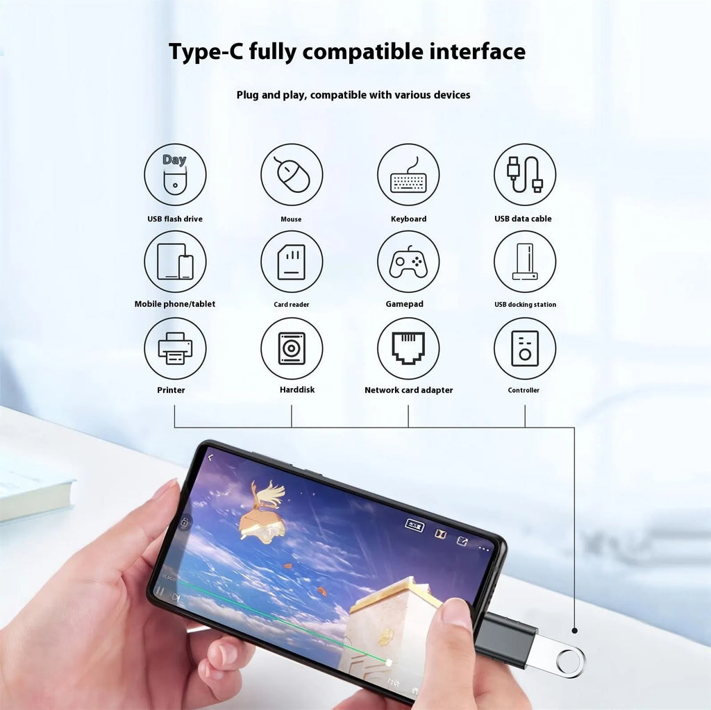 USB-C to USB-A adapter with metallic zinc alloy shell in various colour finishes.