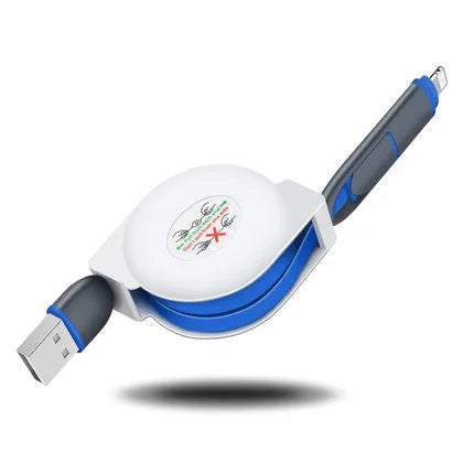 3 in 1 telescopic charging cable extended to show titanium alloy connectors and TPE wire body