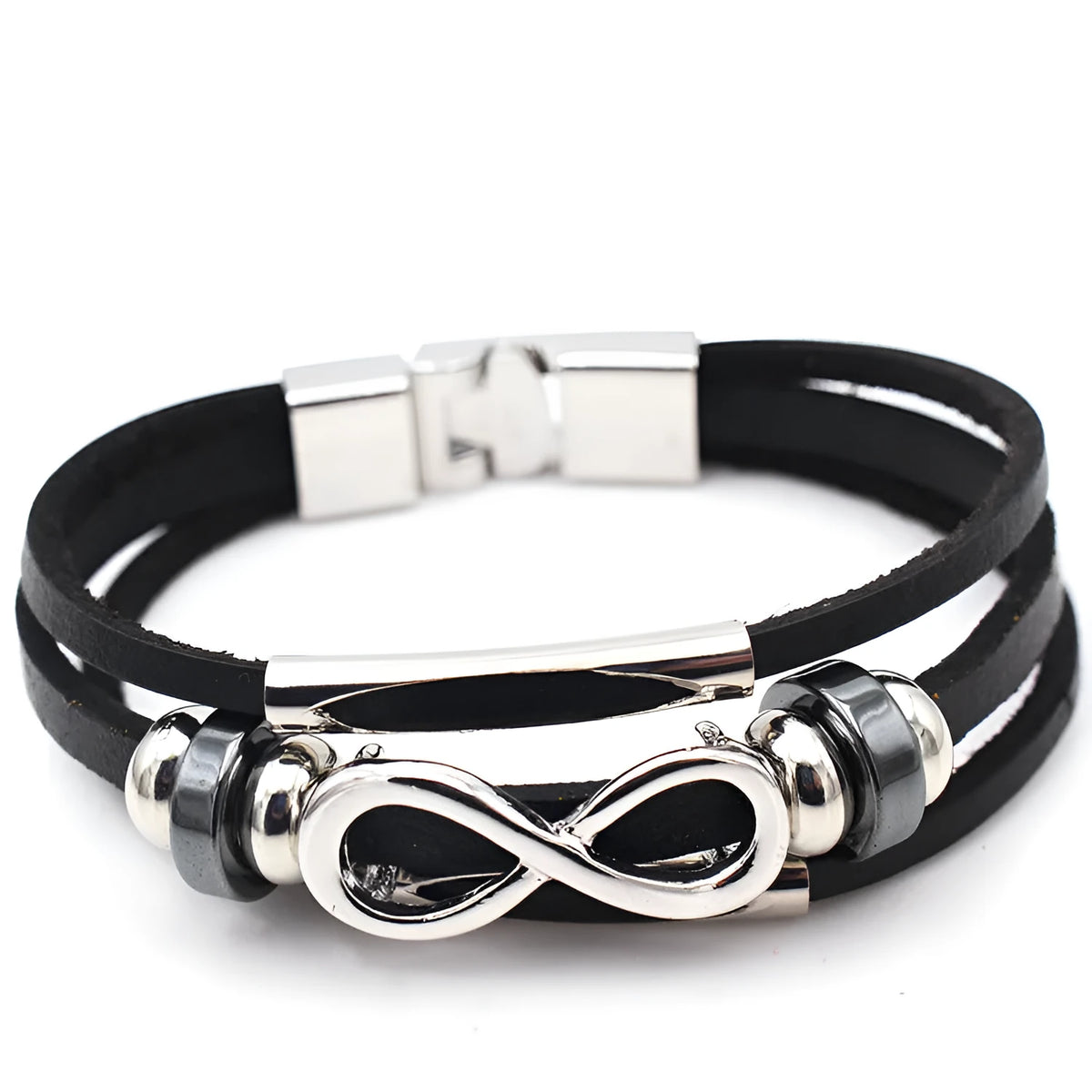 Men's cowhide leather bracelet with figure 8 infinity pendant and silver water wave chain in black or brown.