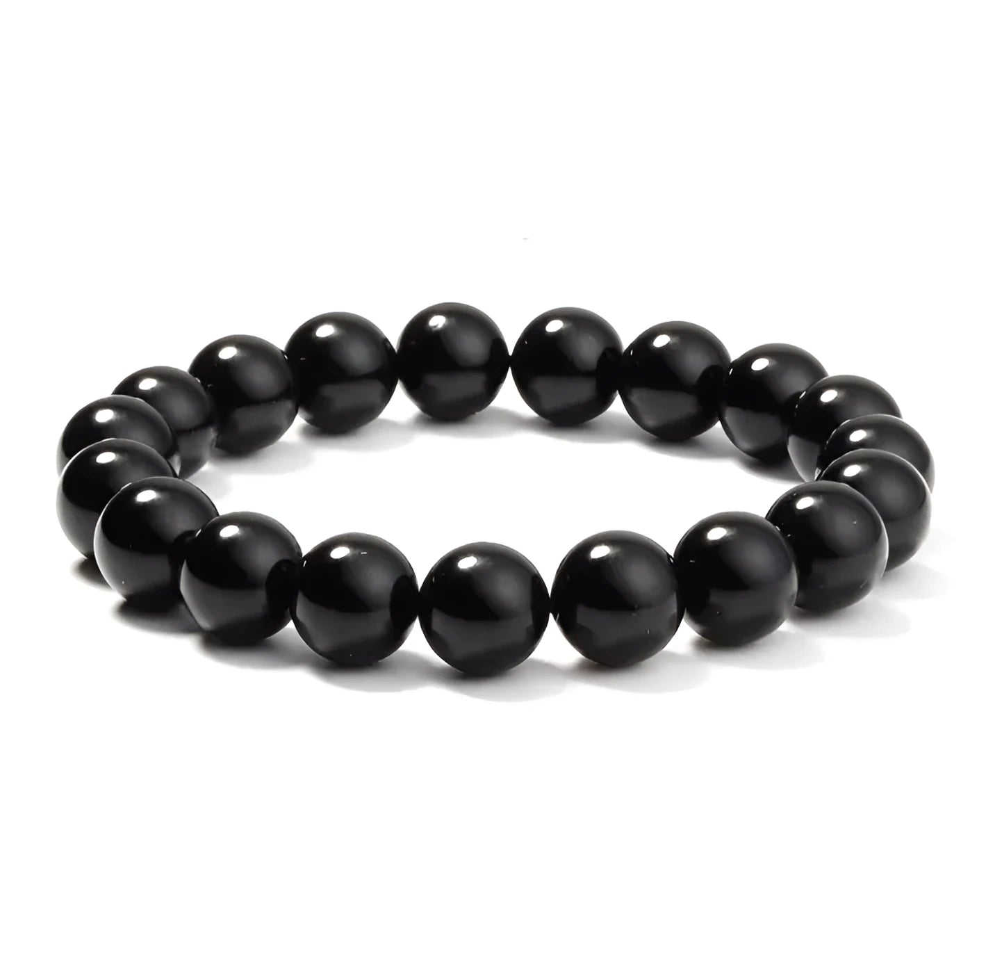 Black onyx bracelet with 8mm geometric agate beads on a black elastic cord.