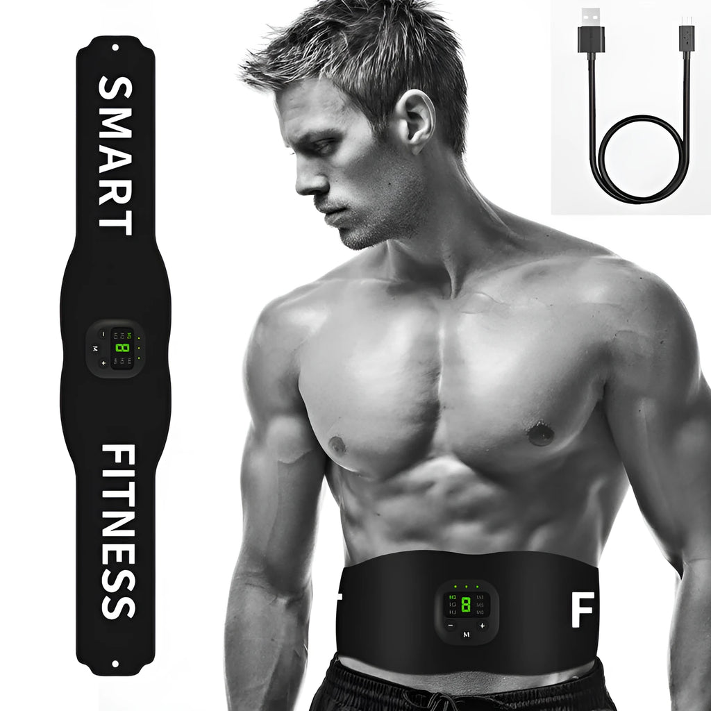 Black fitness belt muscle stimulator with 60x10.5cm PU leather belt sticker, ASS resin host and USB data cable