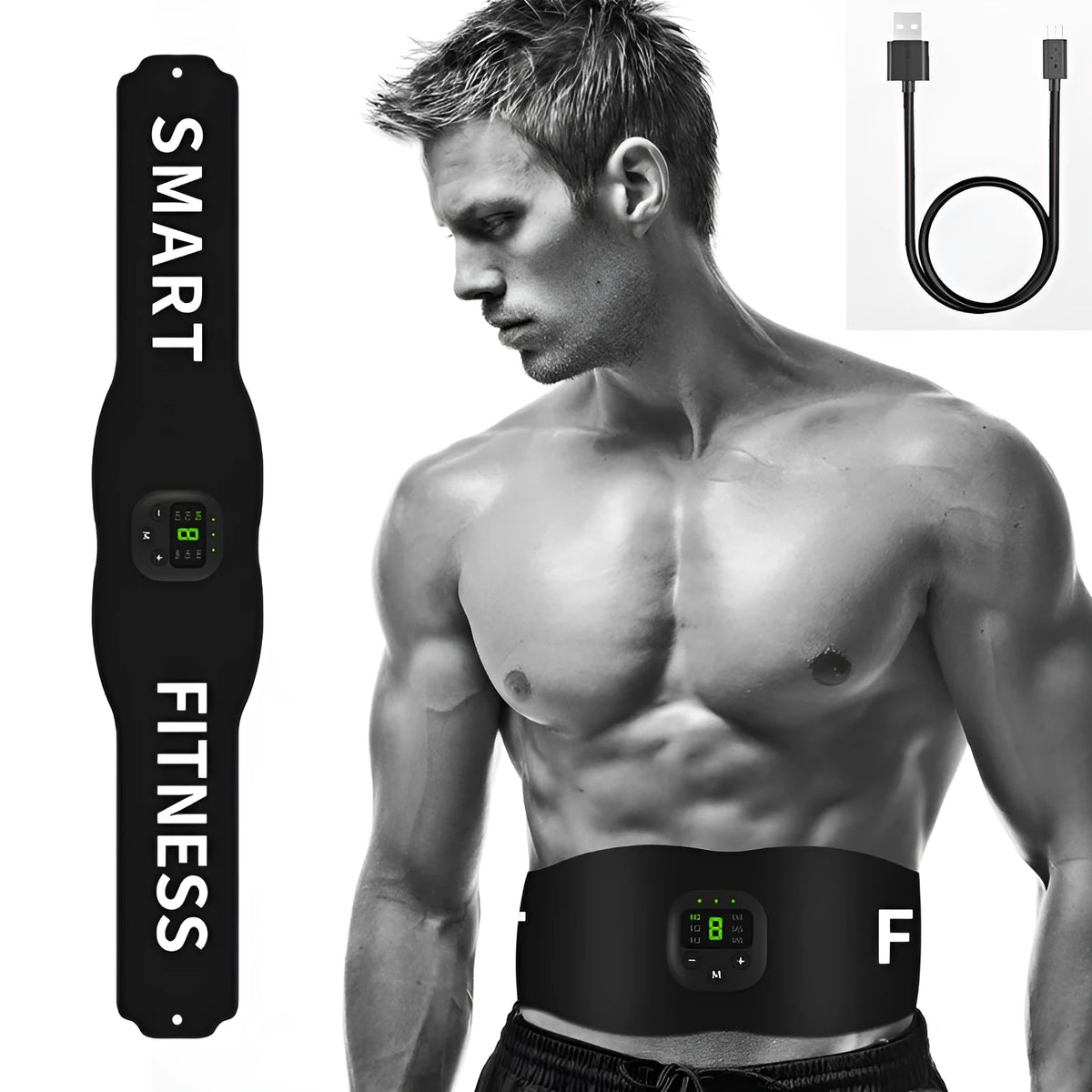 Black fitness belt muscle stimulator with 60x10.5cm PU leather belt sticker, ASS resin host and USB data cable