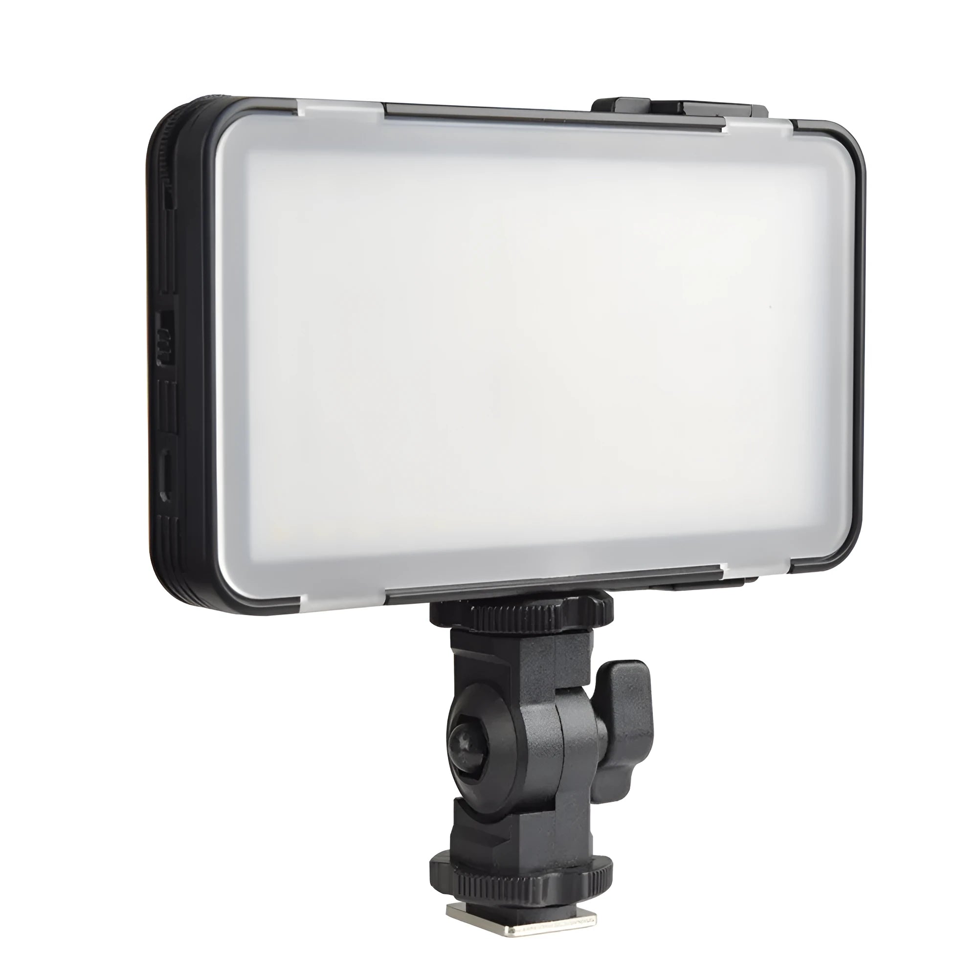 Shenniu M150 ultra-thin silver LED video light mounted on a mobile phone with bracket.