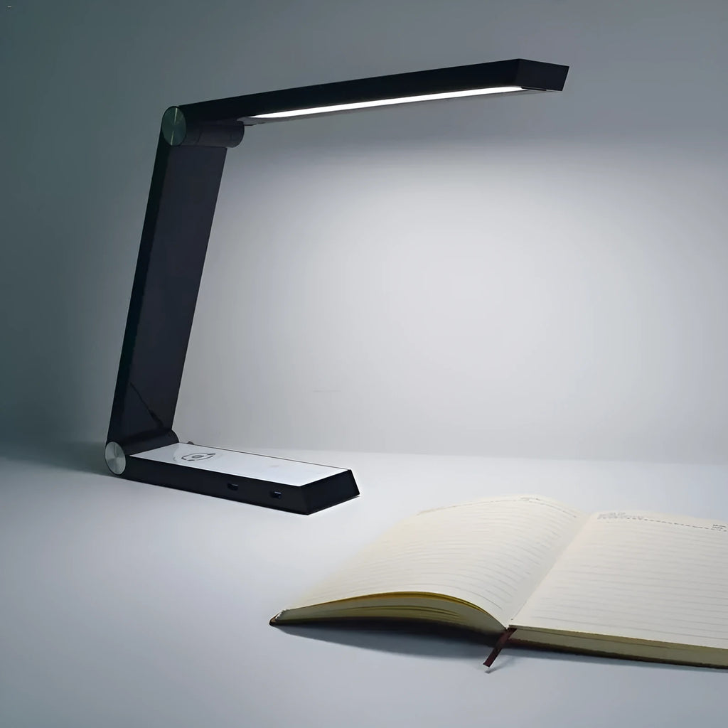 LED triangle desk lamp with wireless charging pad and USB port, 93 CRI, touch dimming, black colour