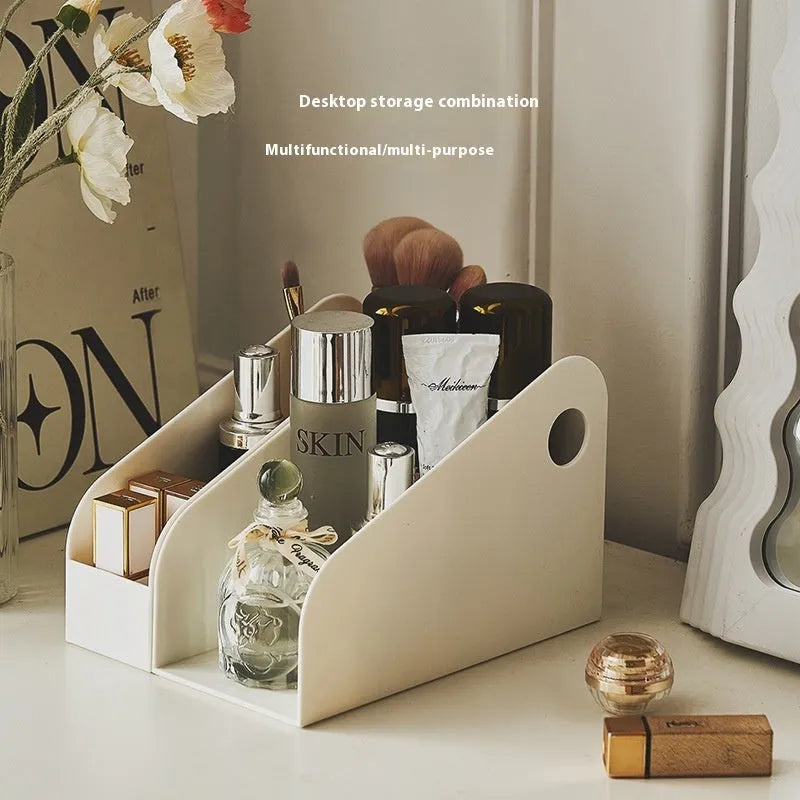 Desktop storage box with two grid compartments in milk coffee colour, dimensions 14.5x17x22cm