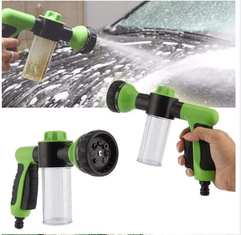Green high-pressure foam spray gun with adjustable nozzle for car washing and garden cleaning