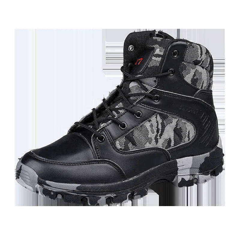 Men's high-top hiking shoes in black camouflage with artificial PU upper and metal hardware.