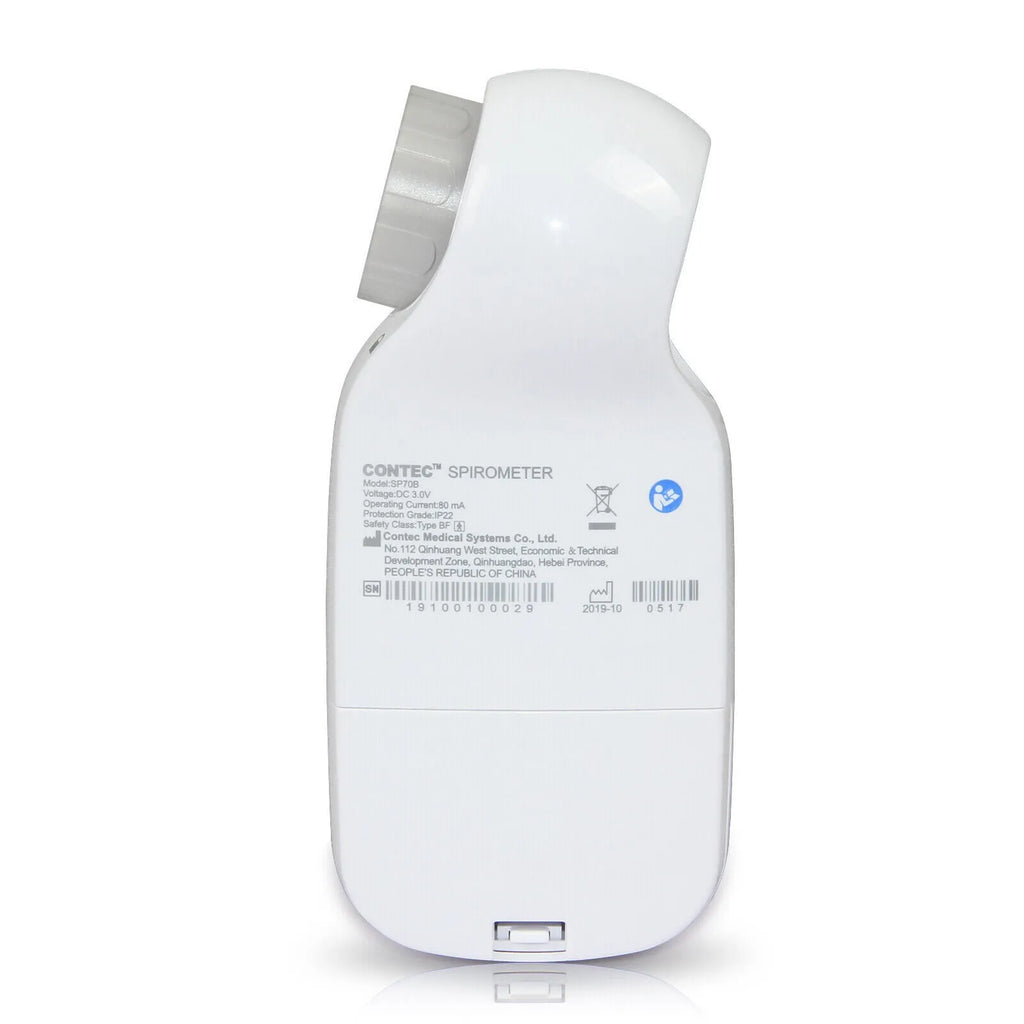 SP70B handheld digital spirometer with Bluetooth, measuring lung function parameters, 138 mm x 63 mm x 47 mm
