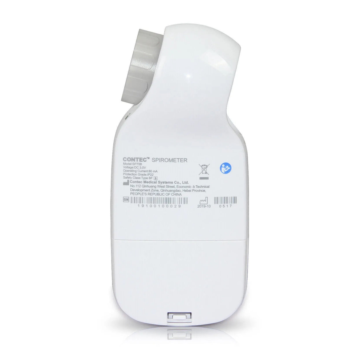 SP70B handheld digital spirometer with Bluetooth, measuring lung function parameters, 138 mm x 63 mm x 47 mm