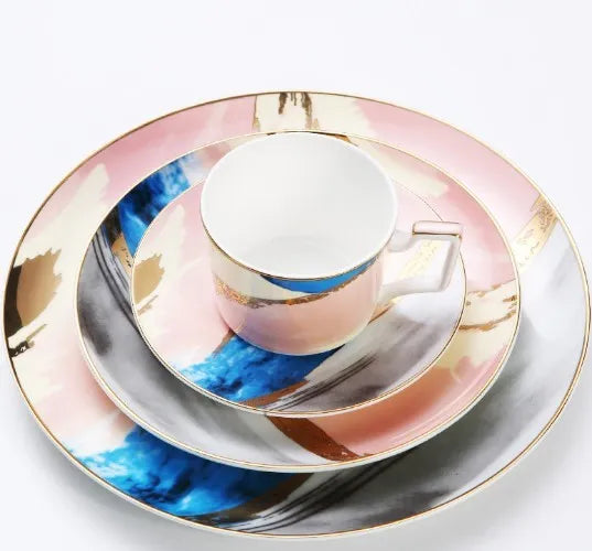 Watercolour dessert plates with real gold edge, 45% bone powder porcelain, 26.5 cm and 20.5 cm sizes, pink yellow blue options.