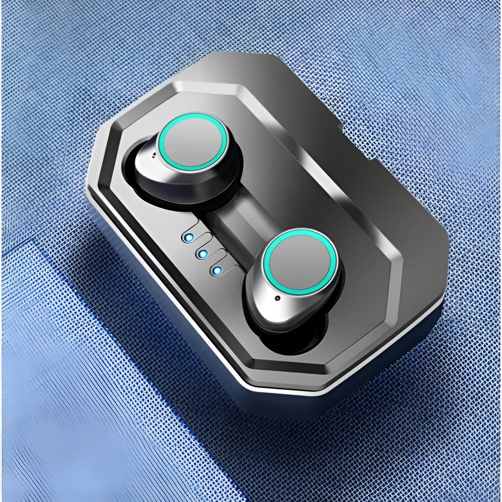 X9 wireless in-ear Bluetooth headset, black plastic, IPX7 waterproof, with charging bay.