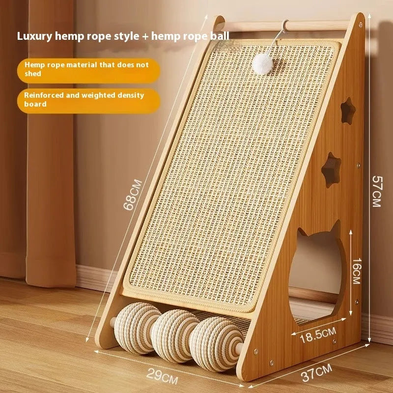 Vertical cat scratch board with sisal surface and hemp rope wrapping, cat teasing ball style design