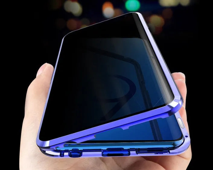 Black anti-peeping magnetic phone case for Samsung Galaxy showing clamshell design and privacy screen