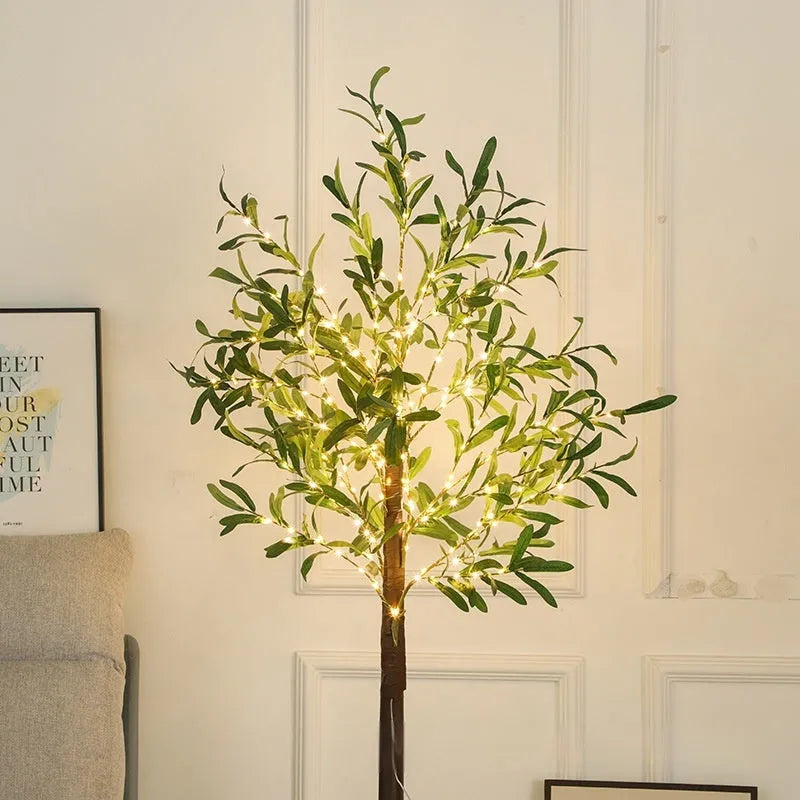 1.8 metre tall simulation olive leaf tree lamp with warm white LED lights illuminating olive branches for courtyard decoration