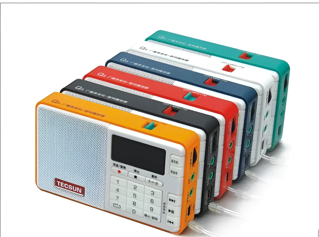 Tecsun Q3 digital audio player in choice of six colours with FM radio and MP3 playback from TF card.