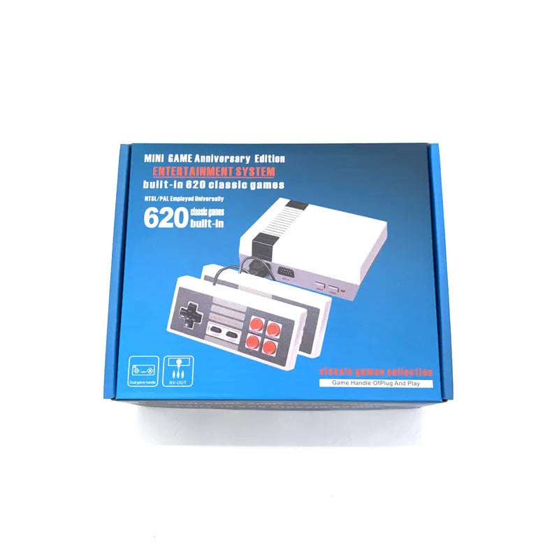 NES 8-bit mini game console with two controllers, AV cable, and power supply in compact 18cm retro design