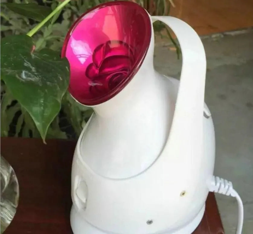 White handheld humidifying steaming machine, 280W, 220V-50HZ, 143x105x225mm, with 40°C mist output and plug options.