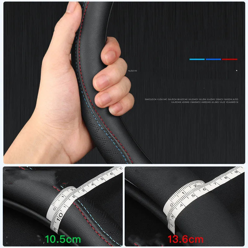 Black universal car steering wheel cover with stitch detailing, shown fitted on a 38cm wheel.