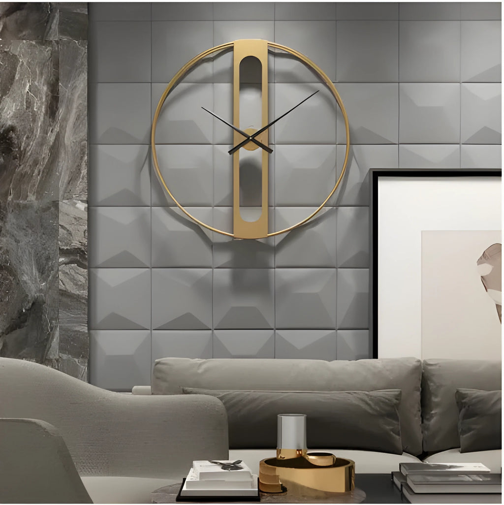 Round metal wall clock showing black and gold colour options, 50cm in diameter.