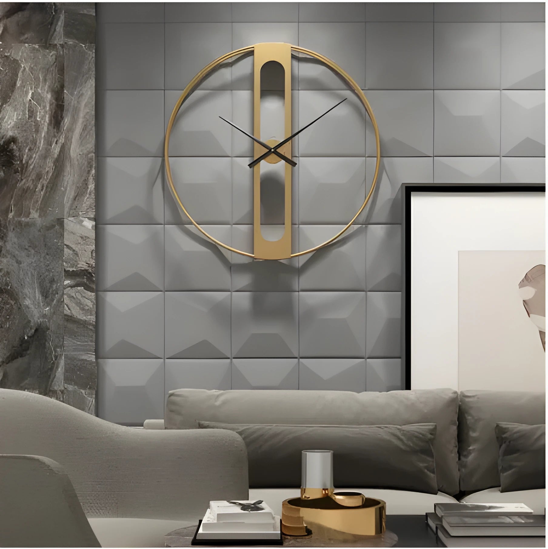 Round metal wall clock showing black and gold colour options, 50cm in diameter.
