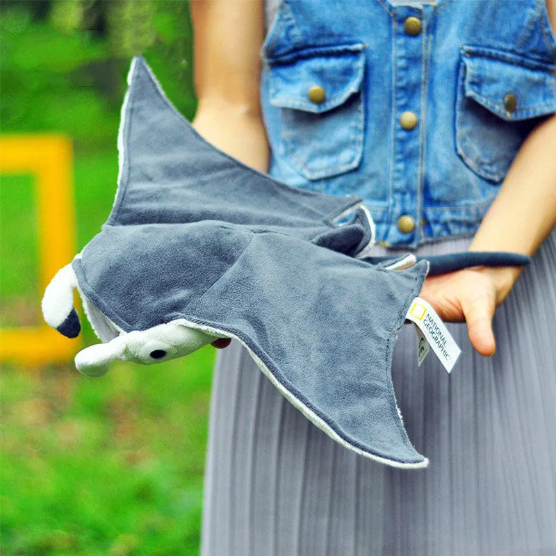 Grey devil fish plush doll in short plush with PP cotton filling, 26cm by 47cm.