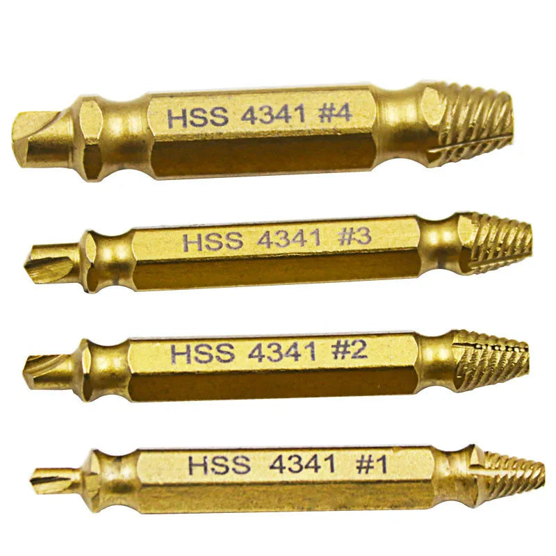 Five-piece 4341 high-speed steel screw extractor and bolt remover tool set.