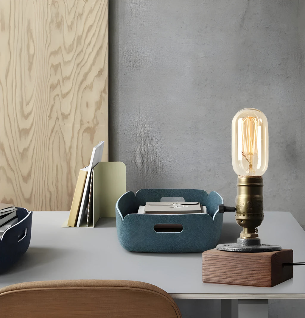 Industrial water pipe table lamp in wood and black iron measuring 9cm wide by 13cm high