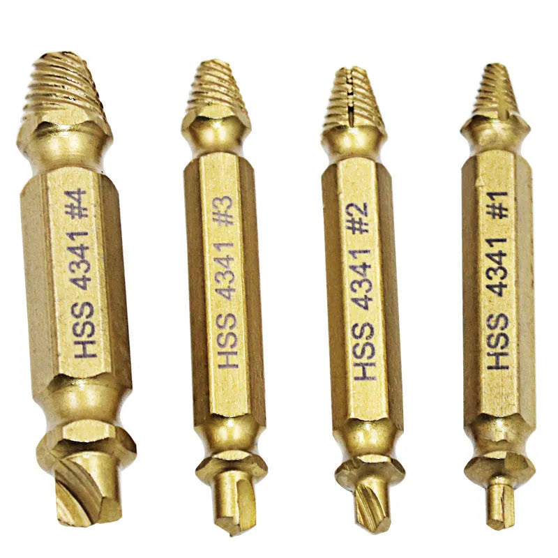 Five-piece 4341 high-speed steel screw extractor and bolt remover tool set.