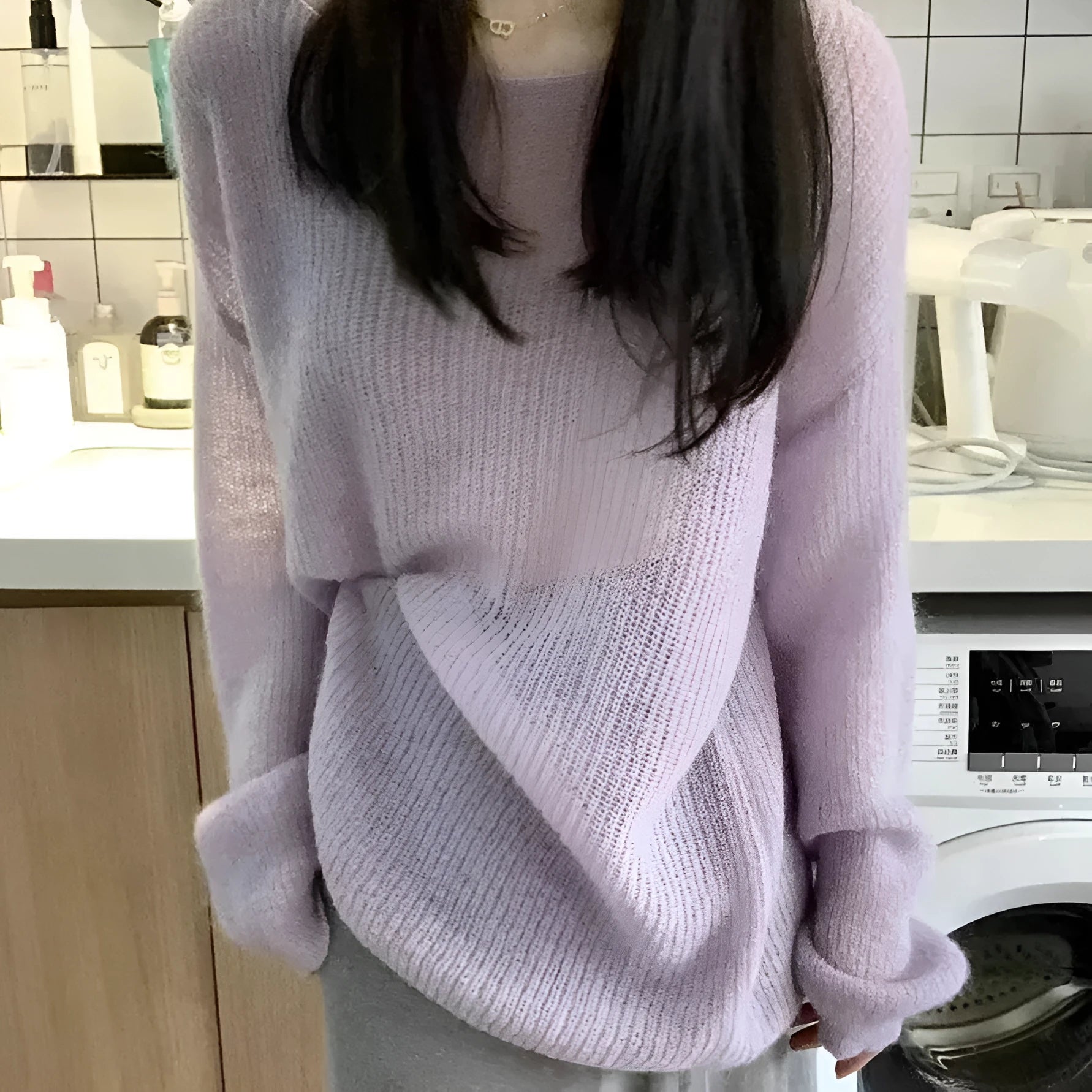 Purple women's round neck blouse with princess sleeves and hollow out details made from ice silk fabric