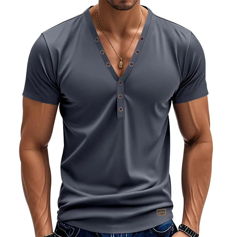 Men's loose fit V-neck button top in chemical fibre blend fabric for sports wear